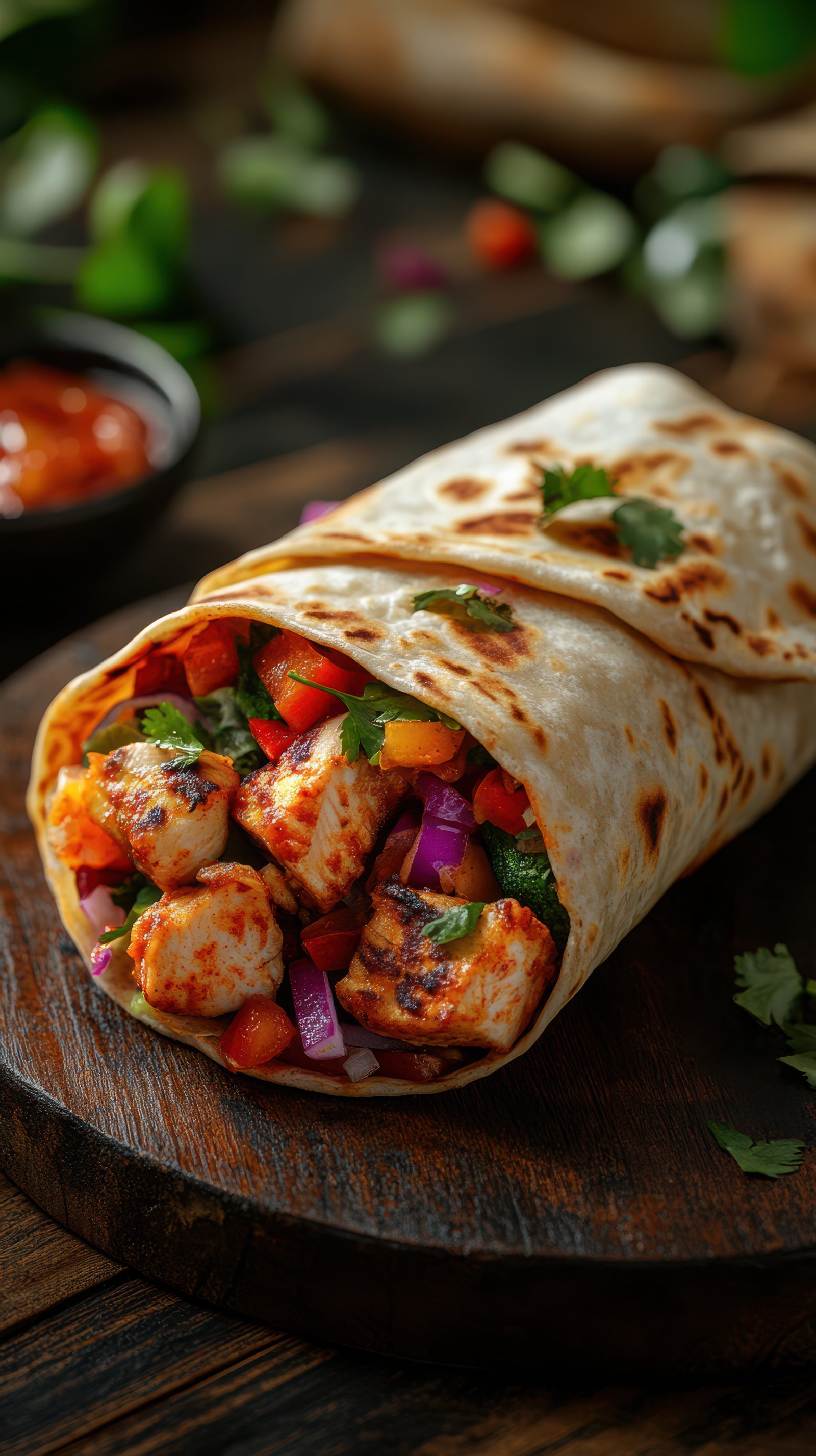 Delicious chicken wrap with fresh vegetables and herbs served on a wooden board